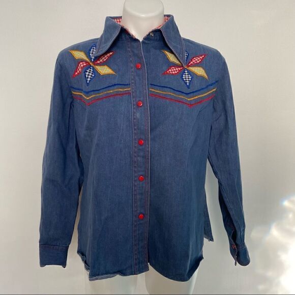 Ms. Pioneer 70s Vintage Pinwheel Quilted Denim Button Down - Picture 1 of 12